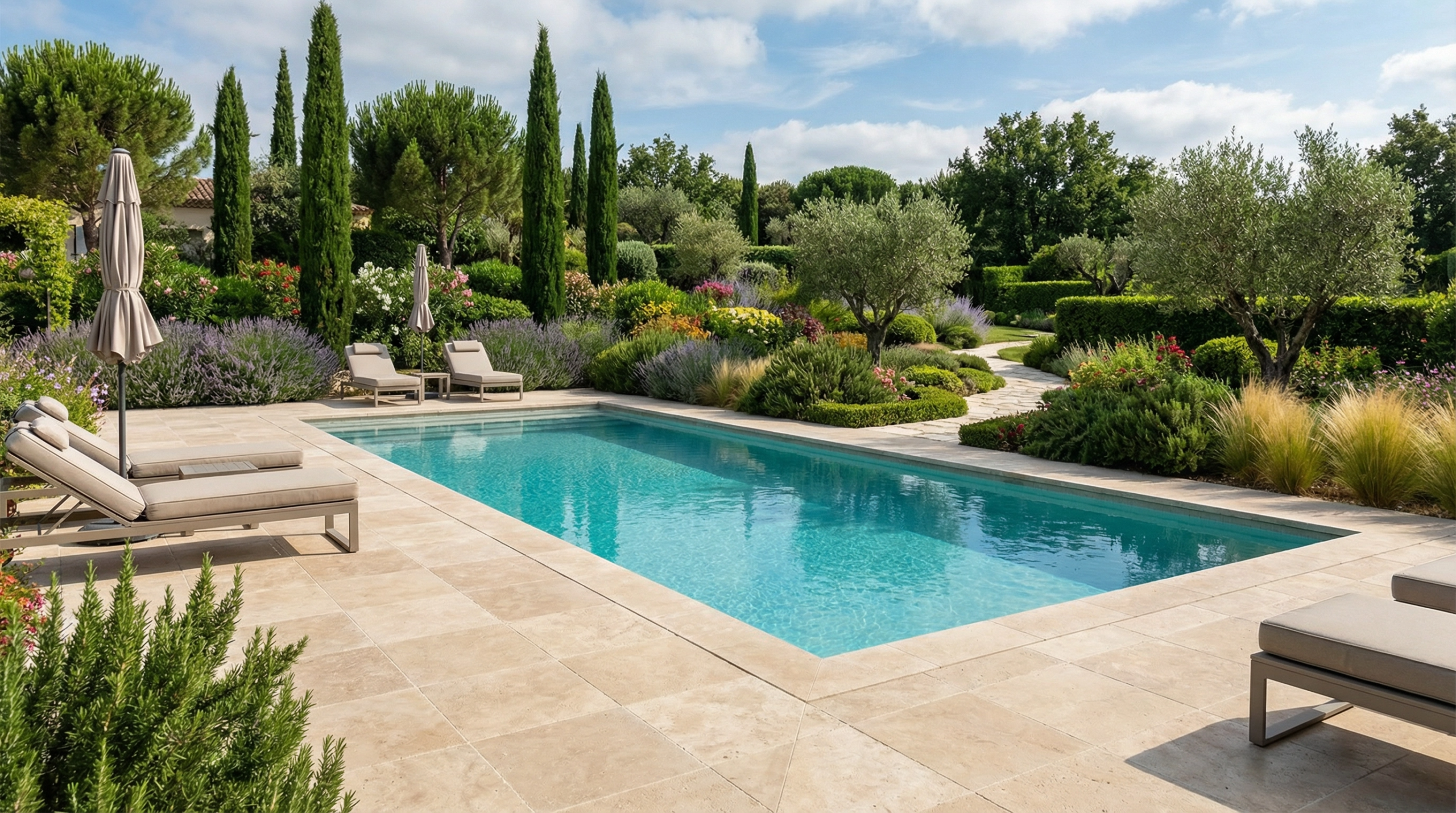Plage de piscine en travertin avec terrasse aménagée dans le Var