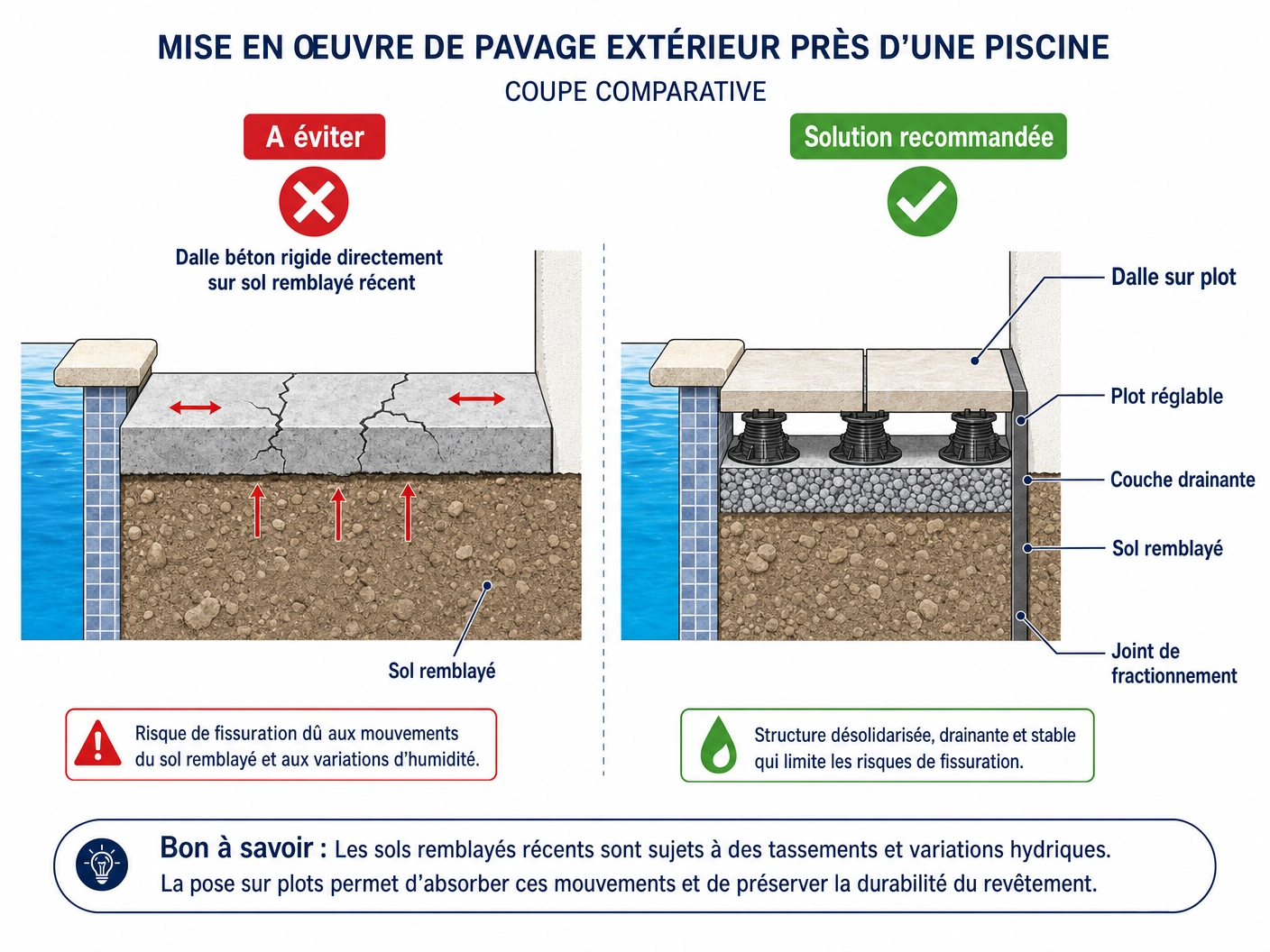 Schéma comparatif : dalle béton rigide (à éviter) vs dalle sur plot (solution recommandée) près d'une piscine