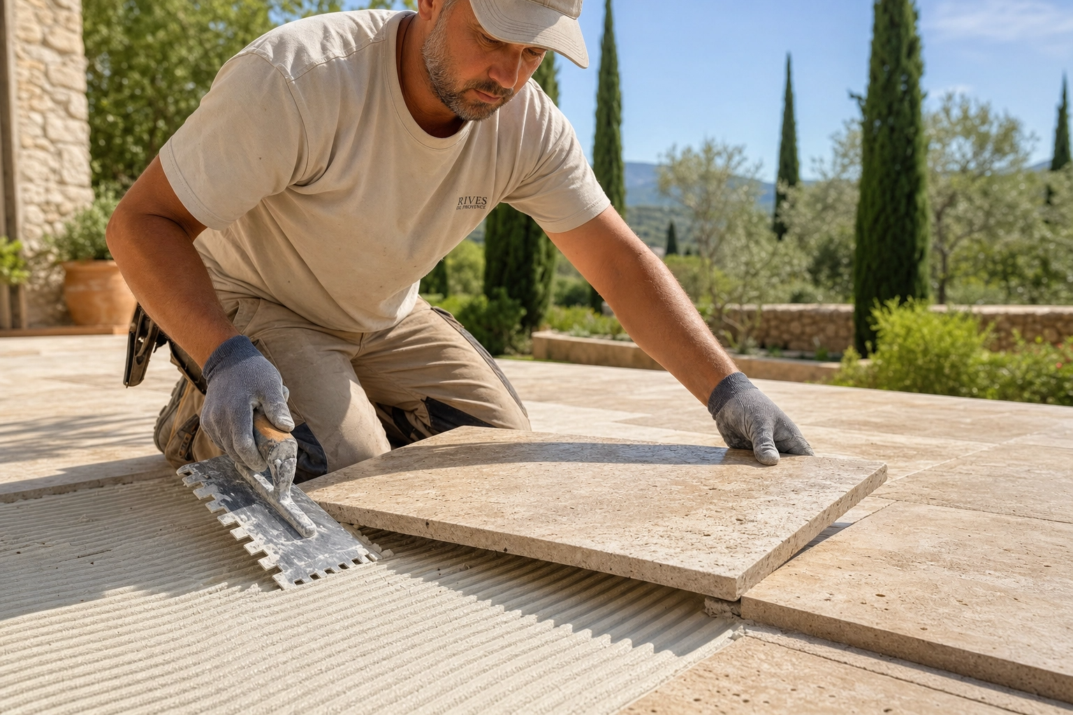 Artisan carreleur posant du travertin sur une terrasse extérieure dans le Var